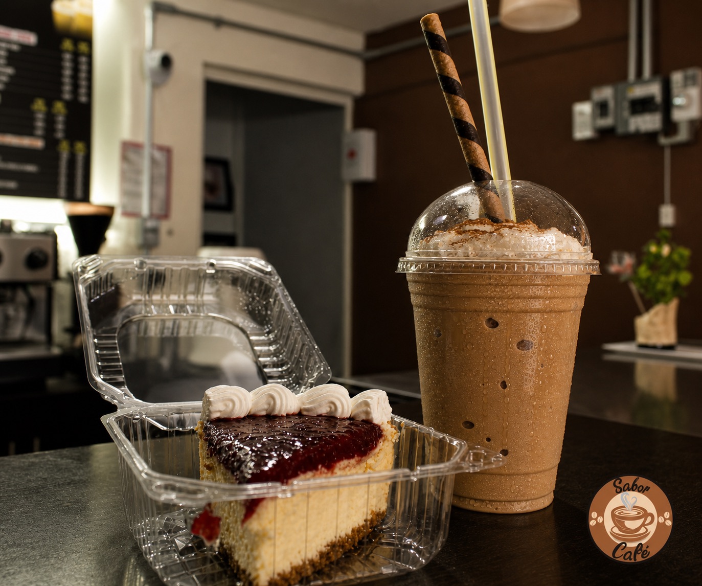 Frappe con cheesecake en la barra